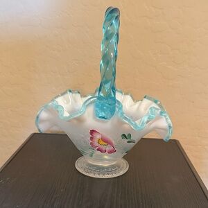 Fenton Blue and White Glass Basket with Floral Design